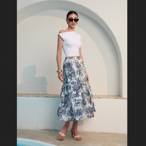 Commense Medium Blue White Floral Print Ruffle Midi Skirt NEW NWT Summer Coastal - Picture 1 of 2